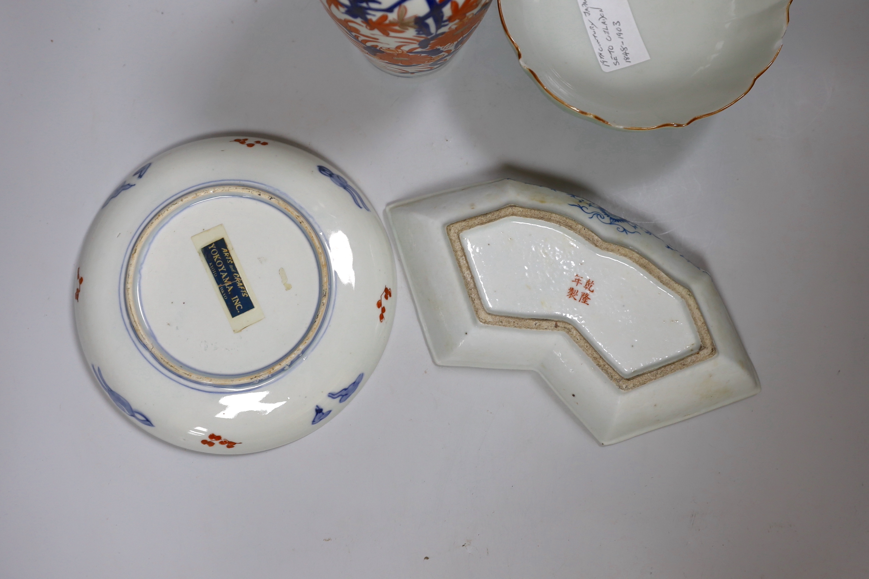 A Japanese Imari vase, a dish and green glazed bowl, together with a Chinese hors d'oeuvres dish-24cm wide